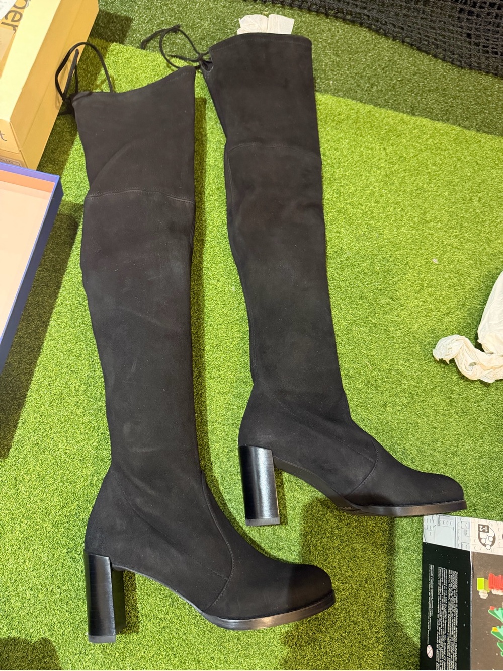 Stuart Weitzman Black Suede Over-the-Knee Block Heel Boots